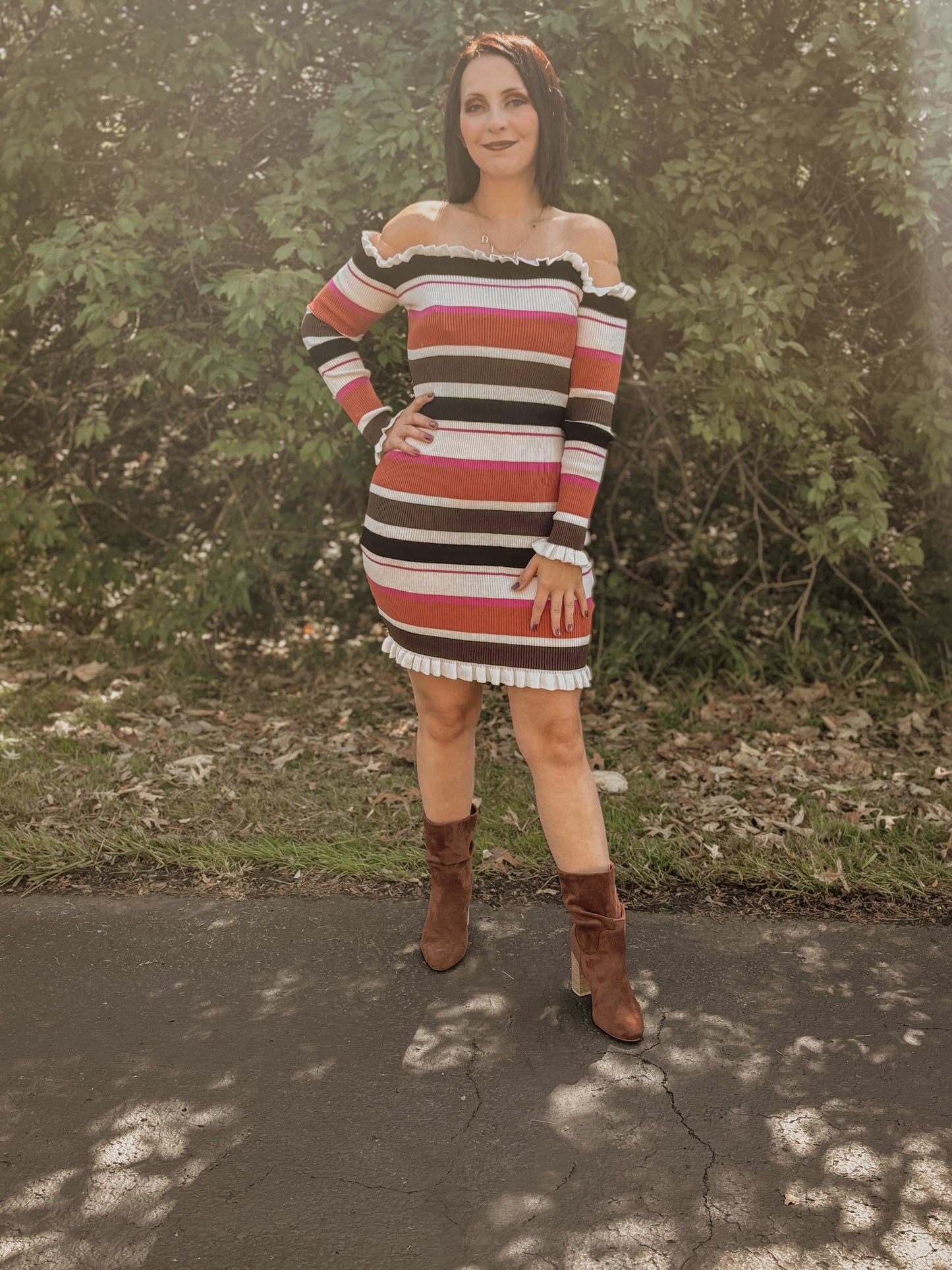 Chloe Off The Shoulder Stripped Sweater Dress