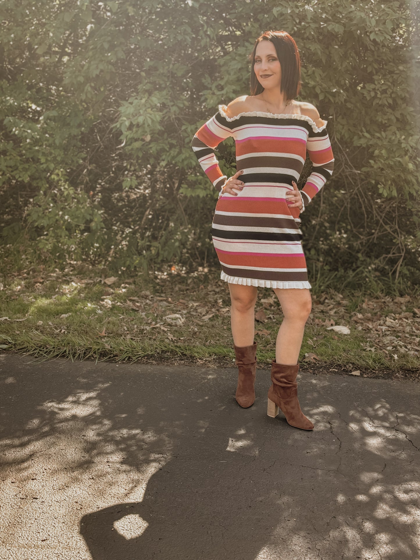 Chloe Off The Shoulder Stripped Sweater Dress