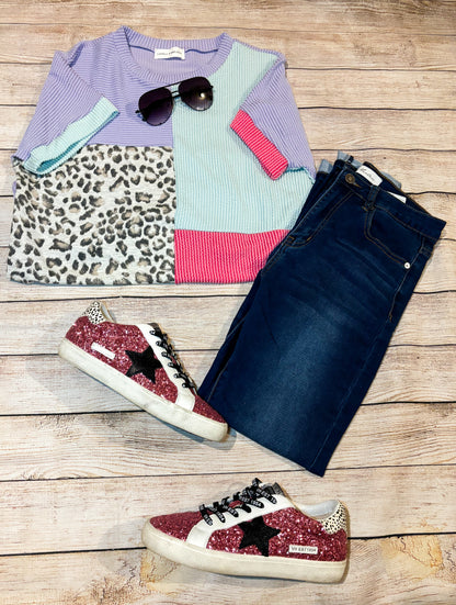 Animal Print Color block Ribbed Top