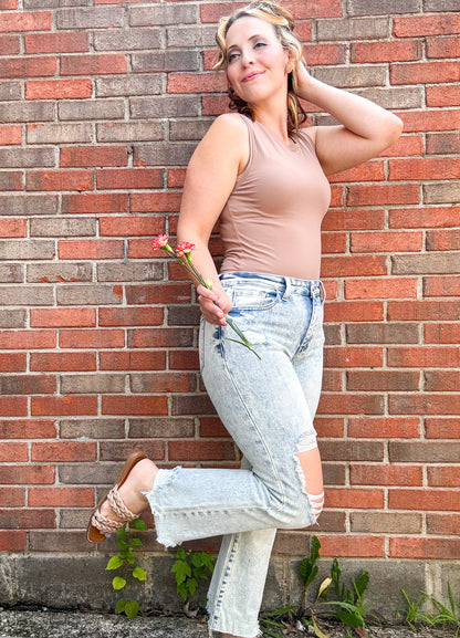Acid Wash High Rise Cropped Frayed Hem Jeans