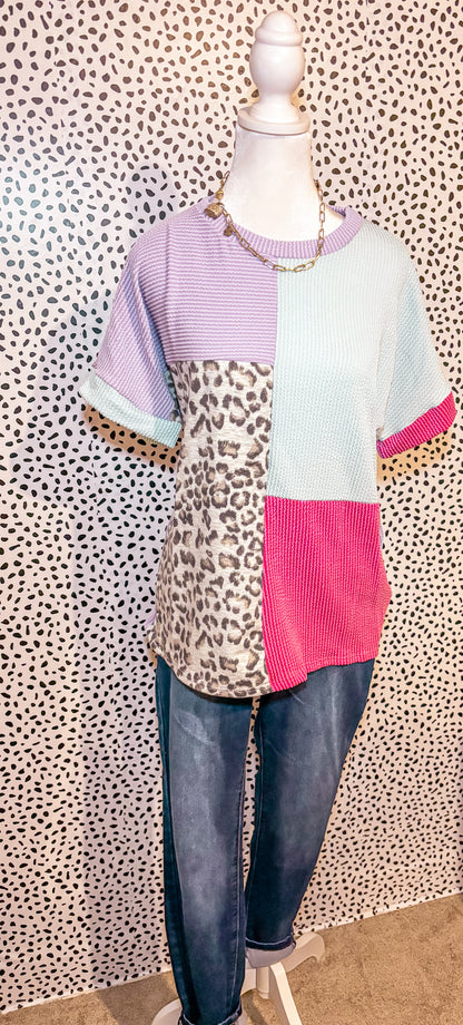 Animal Print Color block Ribbed Top
