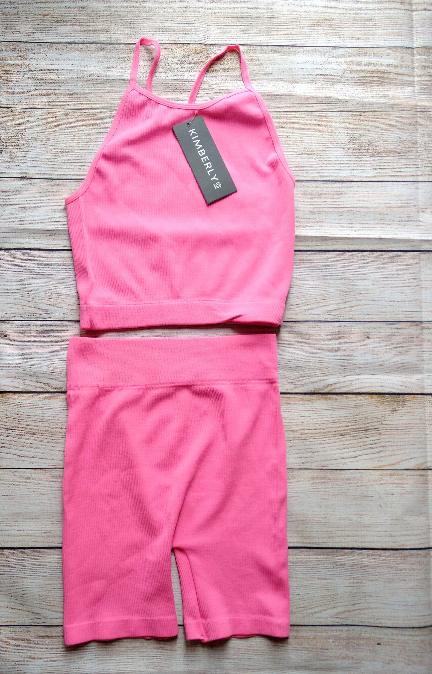 Pink Ribbed Tank and Biker Short Set-Emysclosetllc-