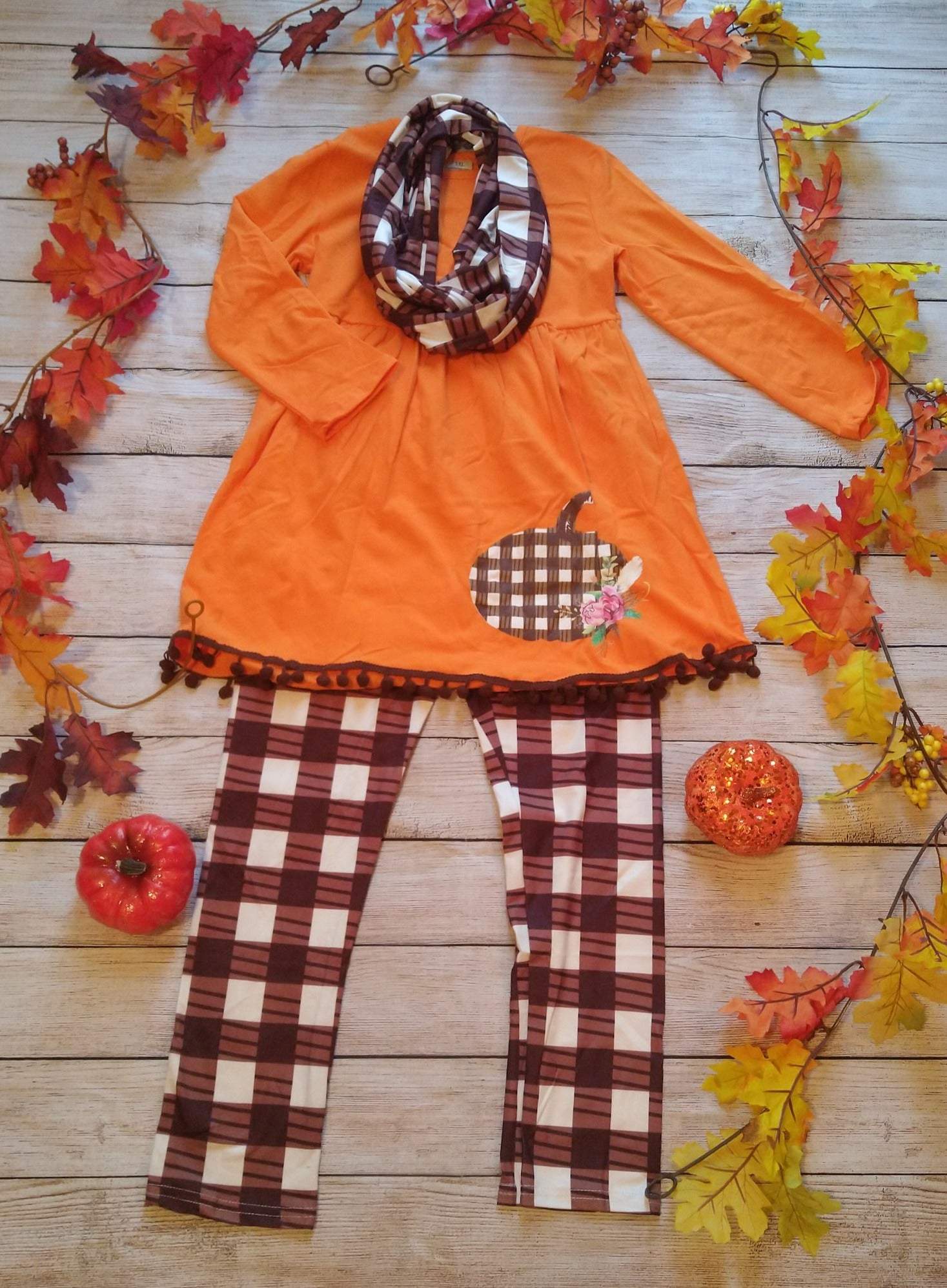 3 Piece -Set Orange Pumpkin Tunic With Leggings And Scarf-Emysclosetllc-