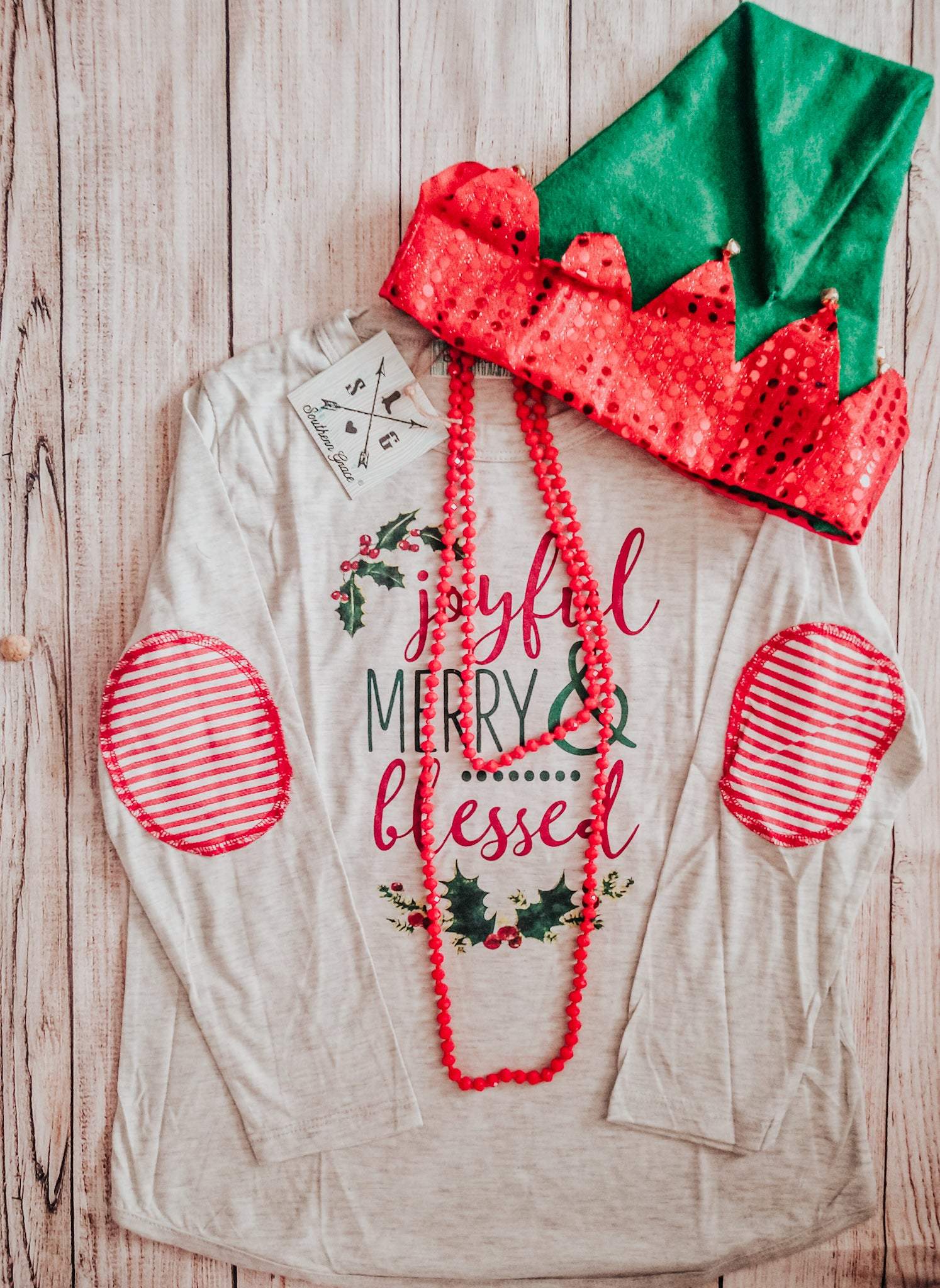 Girls Southern Grace Christmas Shirt With Candy Cane Elbow Patches-Emysclosetllc-