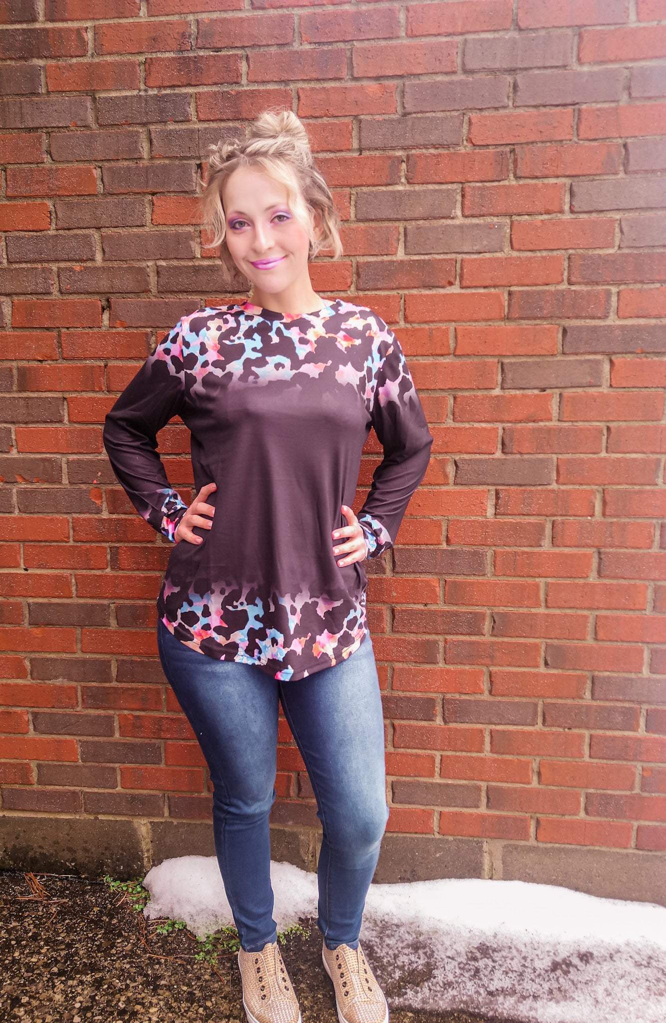 Tie Dye Cow Print Long Sleeve Top-L&B-