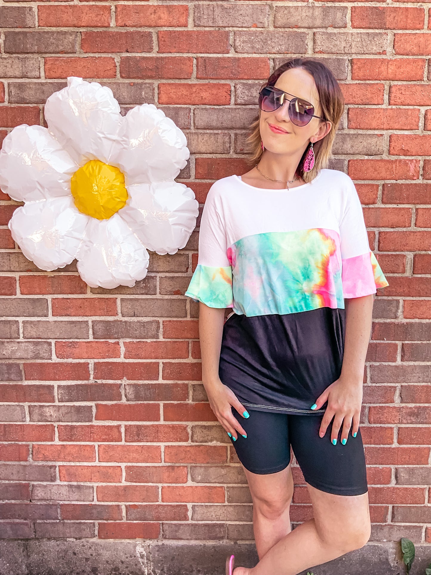 Ruffle Sleeve Tie Dye Colorblock Top