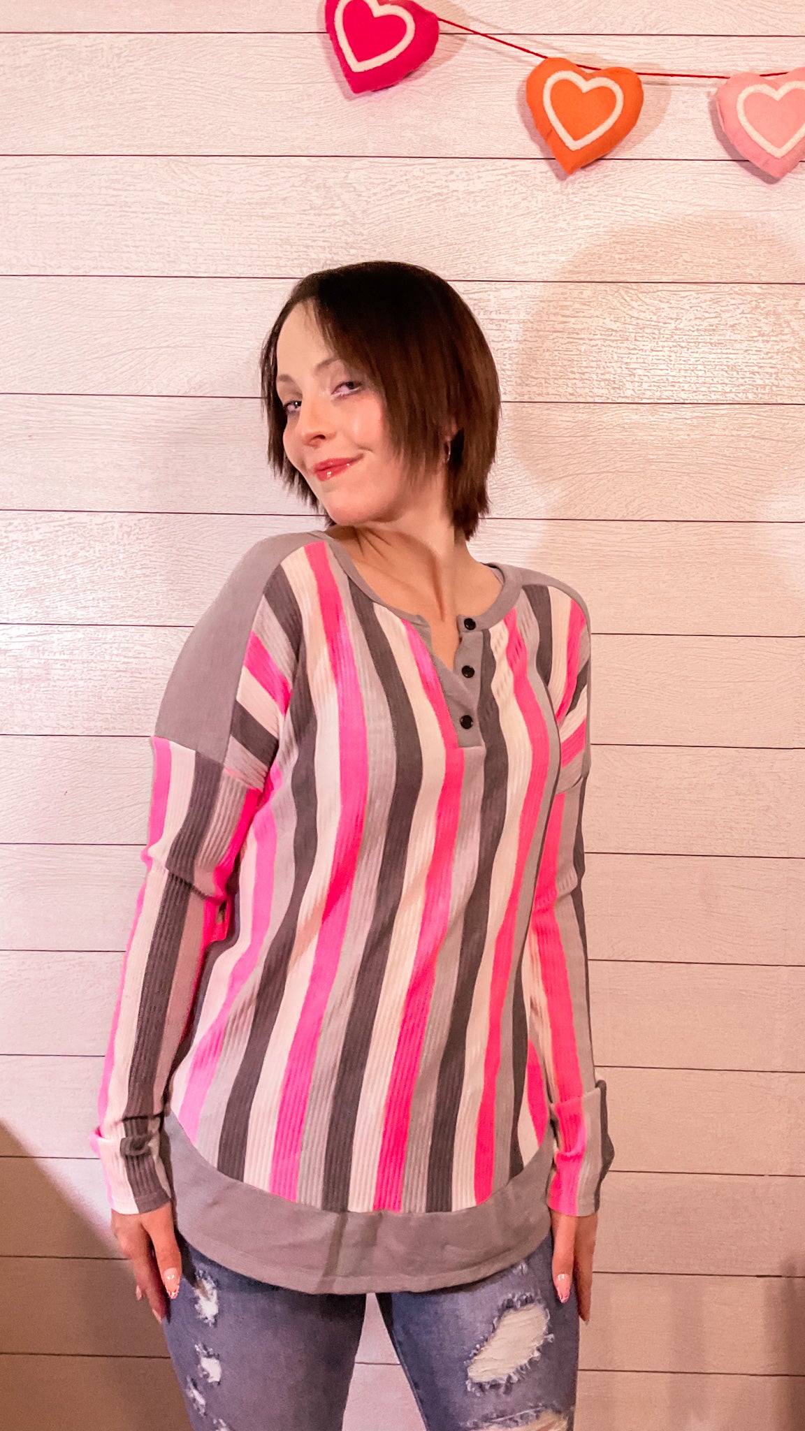 Hot Pink & Grey Striped Henley Top