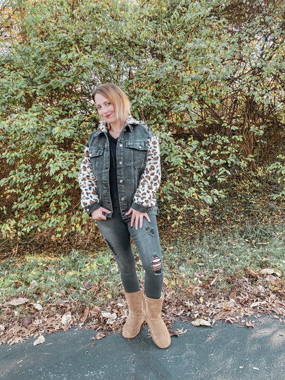 Animal Print Faux Fur Denim Jacket