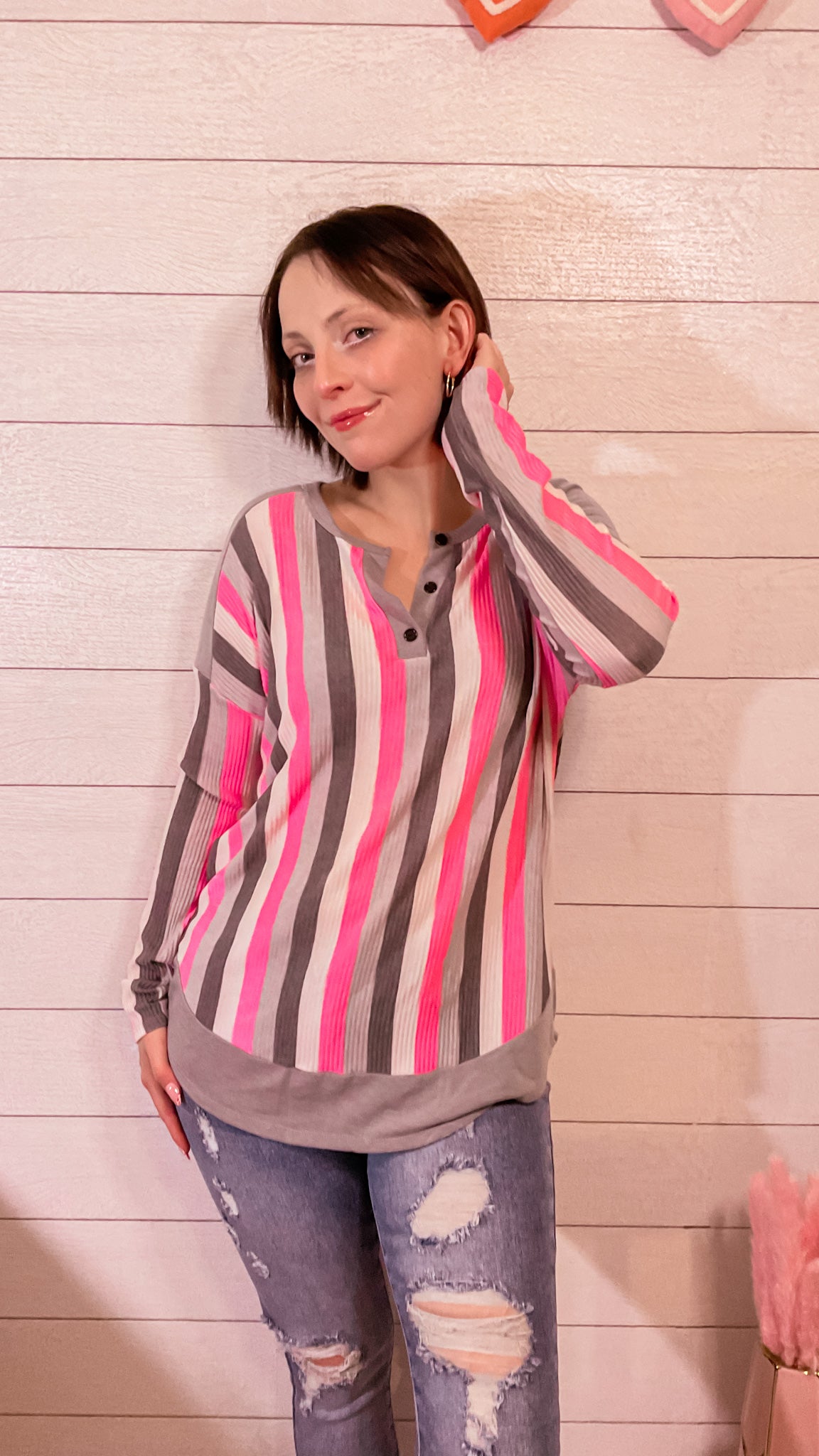 Hot Pink & Grey Striped Henley Top