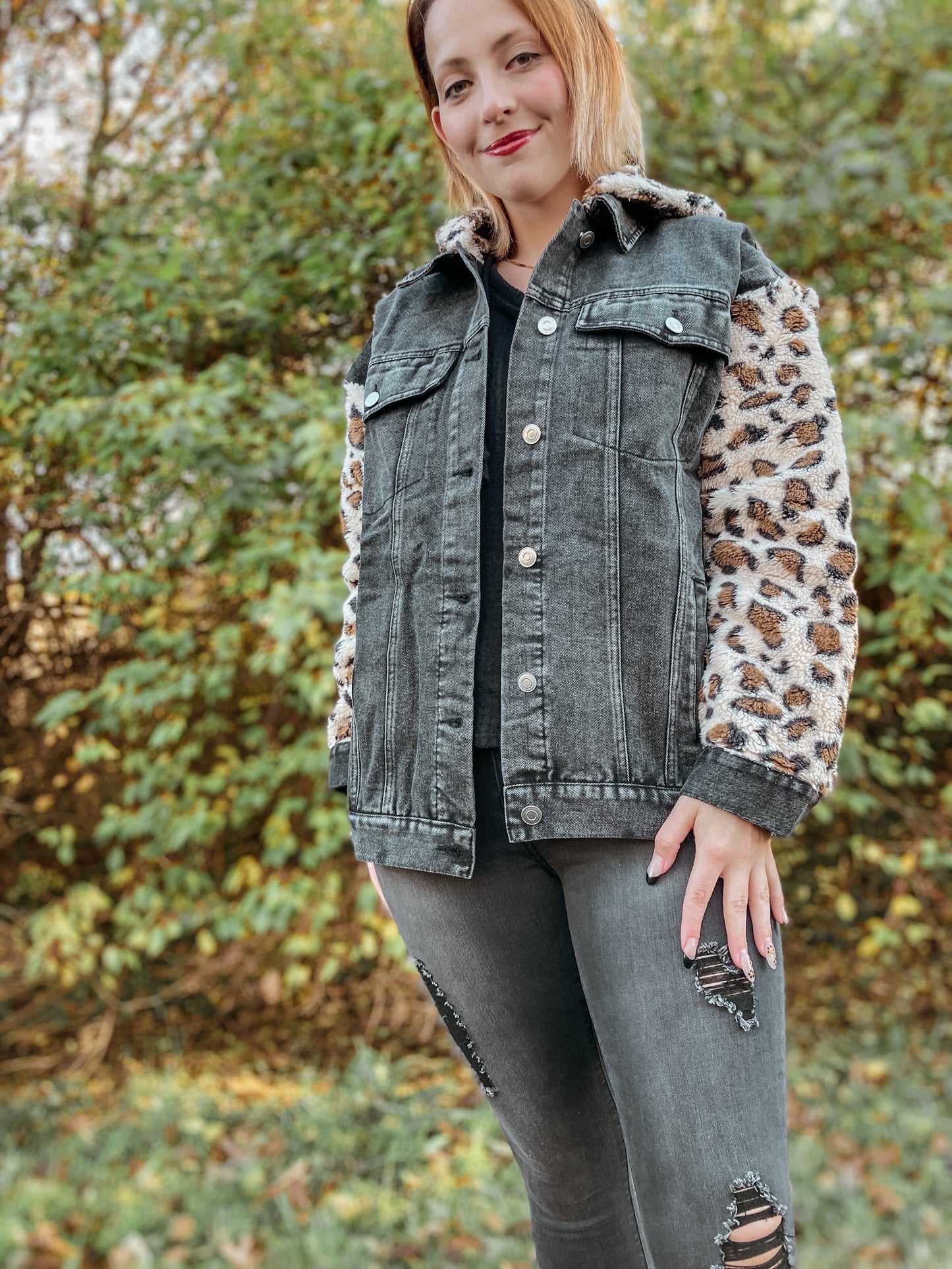 Animal Print Faux Fur Denim Jacket