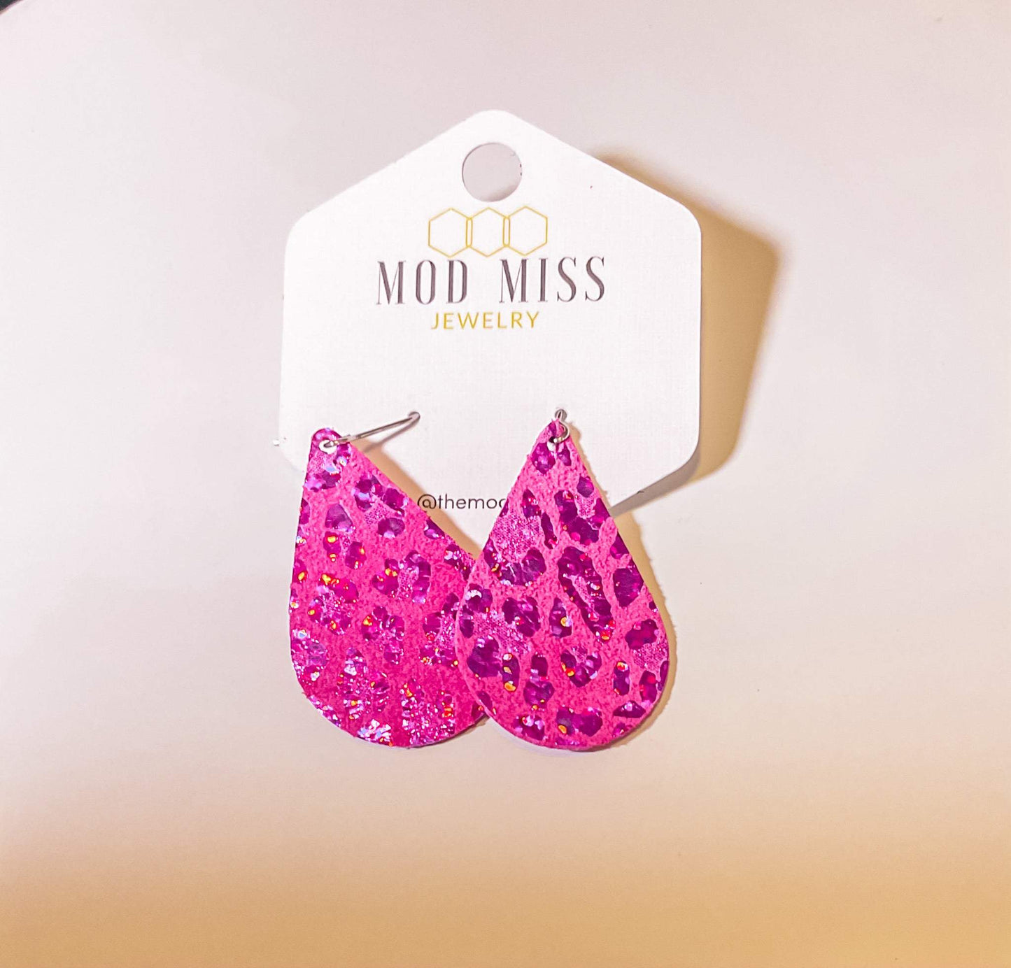 Hot Pink Leopard Leather Tear Drop Earrings-Mod Miss Jewelry-