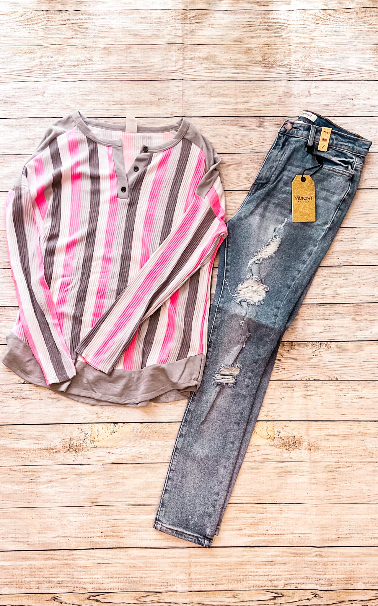 Hot Pink & Grey Striped Henley Top