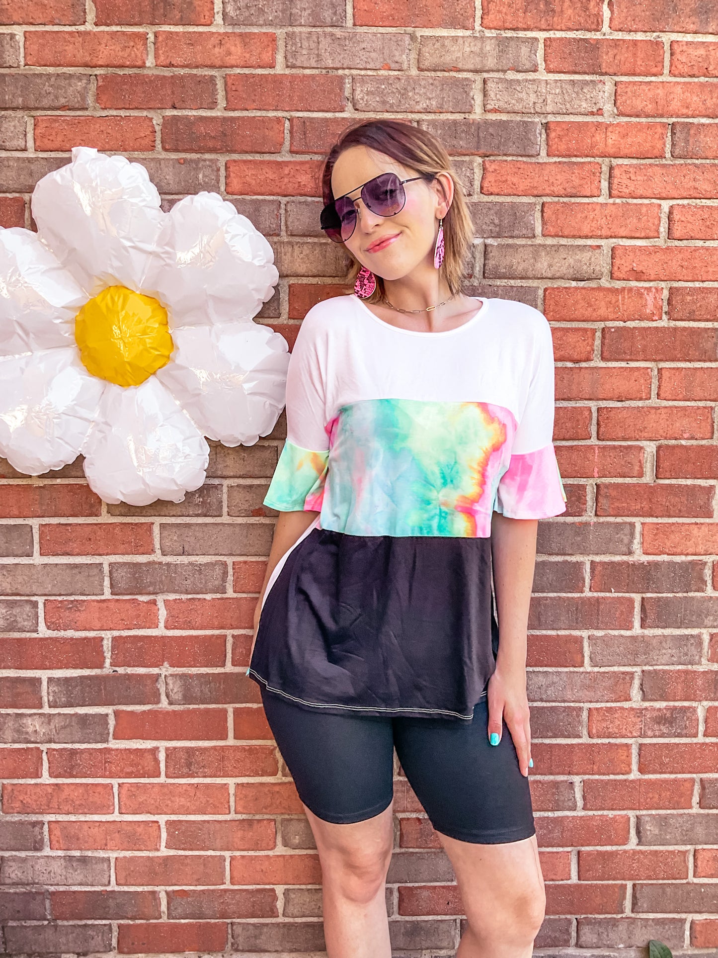 Ruffle Sleeve Tie Dye Colorblock Top