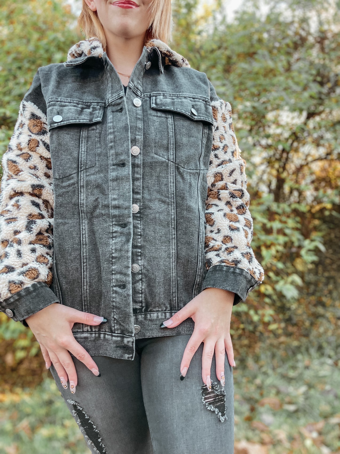 Animal Print Faux Fur Denim Jacket